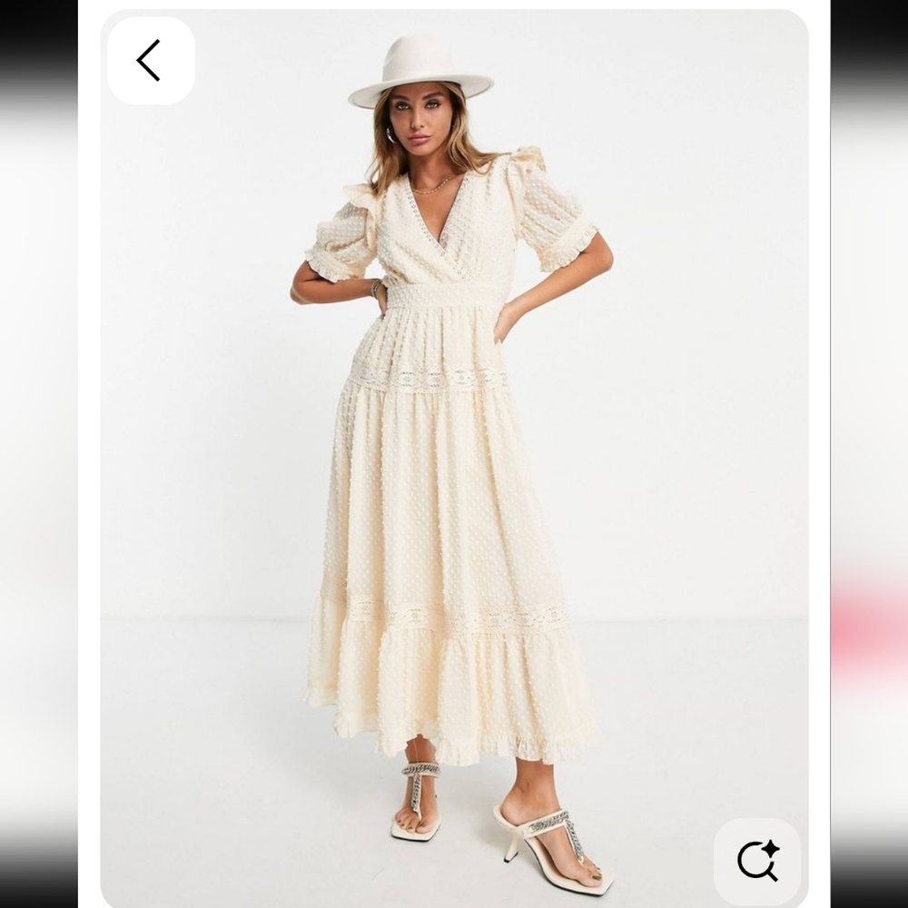 ASOS Wrap Front Lace Midi Tea Dress Cream Boho Crochet Praire Cottage Sz 6